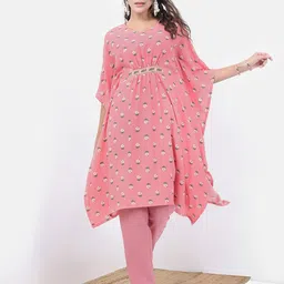Vishudh Pink Floral Printed V-neck Kaftan With Trouser-image-9