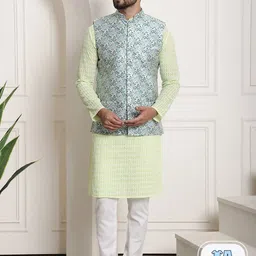 SOJANYA Ethnic Motifs Embroidered Straight Cotton Kurta With Churidar With Nehru Jacket-picture-5