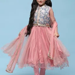 Biba Girls Floral Embroidered Thread Work Kurta & Churidar With Dupatta-image-6