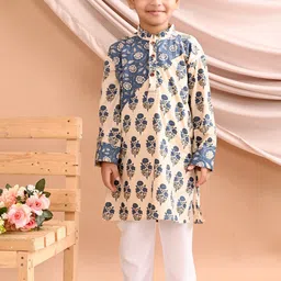 Sangria Boys Blue Floral Printed Pure Cotton Straight Kurta With Trousers-picture-36
