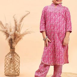 Stylo Bug Girls Ethnic Motifs Printed Regular Pure Cotton Kurti With Trousers-picture-2