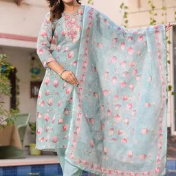 Label Khoj Floral Embroidered Thread Work Straight Kurta With Trousers & Dupatta-picture-15