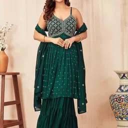 CHANSI Floral Embroidered Pleated Thread Work Kurti with Sharara & Dupatta-picture-28