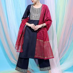 Vishudh Women Navy Blue Ethnic Motifs Printed Kurta with Palazzos & With Dupatta-picture-46