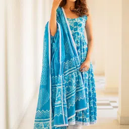 Baisacrafts Women Turquoise Blue Printed Pure Cotton Kurta with Trousers & With Dupatta-picture-15