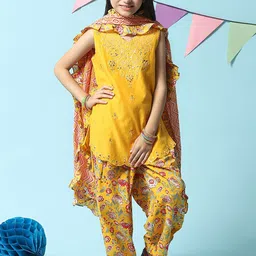 Biba Girls Floral Embroidered Mirror Work Kurta with Salwar & Dupatta image 1