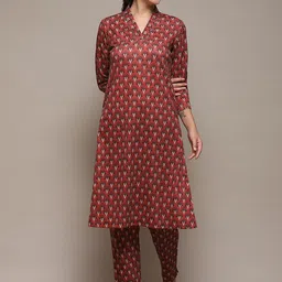 Biba Ethnic Motifs Printed V-Neck Straight Kurta with Trousers-picture-25