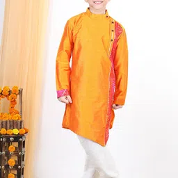 here&now x kinder kids Kinder Kids Boys Yellow Asymmetric Pure Cotton Kurta with Pyjamas-picture-45