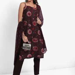 Vishudh Brown Floral Printed Regular Kurta With Trousers & Dupatta-picture-16