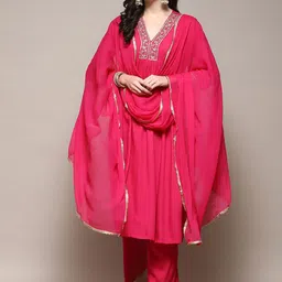 Biba V-Neck Thread Work Kurta Empire Anarkali With Palazzos & Dupatta-image-19