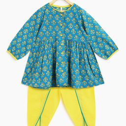 Campana Girls Blue Printed Pleated Pure Cotton Kurta with Dhoti Pants-picture-43