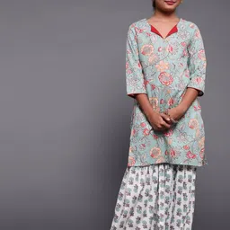 Aks Kids Girls Floral Printed Regular Pure Cotton Kurta with Sharara-picture-54
