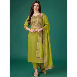 MOJILAA Floral Printed Regular Gotta Patti Linen Straight Kurta With Trousers & Dupatta-picture-35