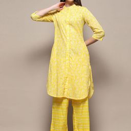 Biba Floral Printed Mandarin Collar Pure Cotton Straight Kurta With Palazzos-picture-1