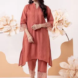 MISRI Floral Embroidered Mandarin Collar Pleated Pure Cotton A-Line Kurta With Trousers-image-95