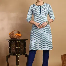 KALINI Ethnic Motifs Printed Round Neck Three-Quarter Sleeves Pure Cotton Kurta Set-picture-15