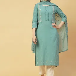 FASHOR Green Floral Embroidered Thread Work Pure Cotton Kurta with Trousers & With Dupatta-image-38