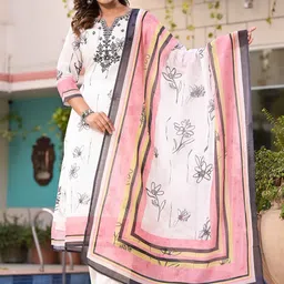 Label Khoj Ethnic Motifs Printed Mirror Work Linen Kurta With Trousers & Dupatta-picture-21