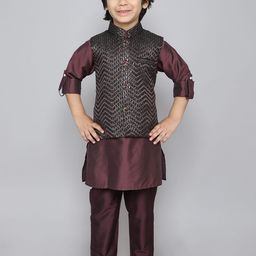 Ministitch Boys Mandarin Collar Roll-Up Sleeves Kurta With Trousers & Jacket-picture-40
