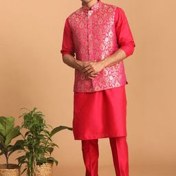 VASTRAMAY Mandarin Collar Kurta With Trousers & Nehru Jacket-picture-27