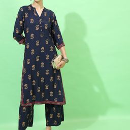 Vishudh Women Navy Blue Floral Printed Kurta with Palazzos-picture-3