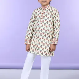 Sangria Boys White Floral Printed Pure Cotton Straight Kurta With Pyjama-picture-42