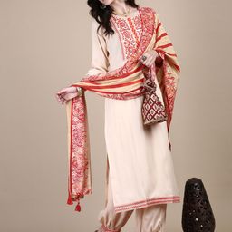 SHOWOFF Women Floral Yoke Design Regular Thread Work Kurta with Patiala & With Dupatta-picture-17