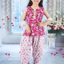 Little Bansi Girls Floral Print Gotta Patti Pure Cotton Kurti Patiala With Dupatta-picture-52