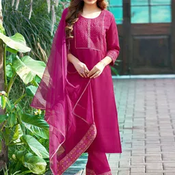 KALINI Floral Yoke Design Regular Sequinned Straight Kurta with Trouser & Dupatta-picture-38