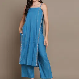HERE&NOW Striped  Mirror Work High Slit Kurta with Palazzos-picture-48
