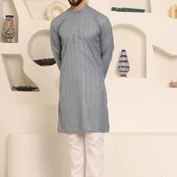 Armaan Ethnic Striped Mandarin Collar Pure Cotton Straight Kurta With Pyjama-image-32