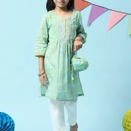 Biba Girls Turquoise Blue Printed Regular Kurta with Trousers-picture-12
