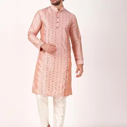 Koshin Embroidered Mandarin Collar Regular Mirror Work Straight Kurta With Pyjamas-image-39