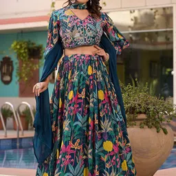 Vishudh Blue Floral Embroidered Sequinned Ready To Wear Lehenga Choli Set With Dupatta-picture-14