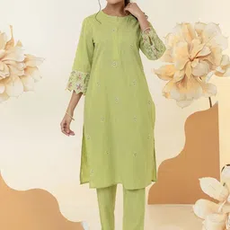 MISRI Floral Embroidered Round Neck Thread Work Pure Cotton Straight Kurta With Trousers-image-7