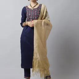 Tulsattva Women Navy Blue Floral Embroidered Thread Work Kurta with Trouser & With Dupatta-image-31