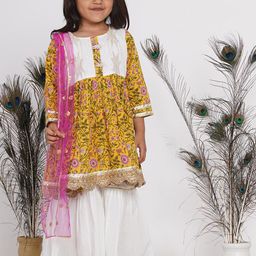 Little Bansi Girls Multicoloured Floral Pure Cotton Kurti with Skirt & With Dupatta-picture-41