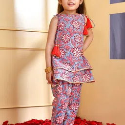 Rangpur Girls Floral Printed Layered Gotta Patti Pure Cotton Kurti with Dhoti Pants-picture-12