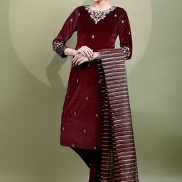 Vishudh Women Maroon Embroidered Knited Velvet Kurta & Trousers with Dupatta-picture-43