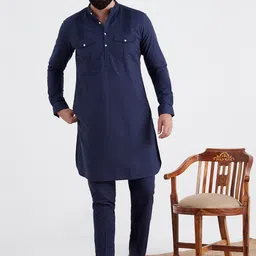 MR BUTTON Men Navy Blue Pure Cotton Kurta with Trousers-picture-15