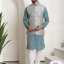 SOJANYA Ethnic Motifs Printed Straight Kurta & Churidar With Nehrujacket-picture-5