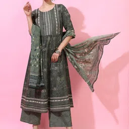 Vishudh Women Green Ethnic Motifs Empire Pure Cotton Kurti with Trousers & With Dupatta-picture-29
