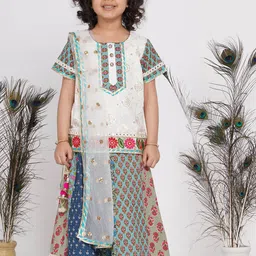 Little Bansi Girls White Embroidered Pure Cotton Kurta with Skirt & Duppata-picture-17