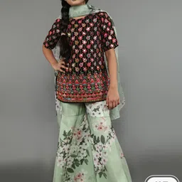 Aks Kids Girls Floral Embroidered Sequined Mirror Work Kurta with Sharara & Dupatta-picture-38