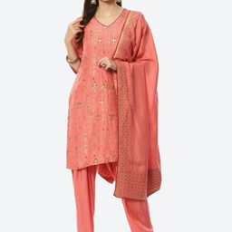 Biba Women Peach-Coloured Ethnic Motifs Embroidered Kurta with Salwar & With Dupatta-picture-0