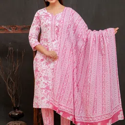 D K W Floral Printed Mirror Work Pure Cotton Straight Kurta & Trouser With Dupatta-picture-33