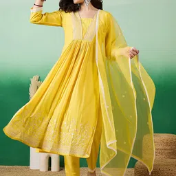 Sangria Ethnic Motifs Embroidered Sequinned Straight Kurta With Trousers And Dupatta-picture-39