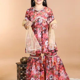 AWW HUNNIE Girls Floral Printed Empire Gotta Patti Kurti & Sharara With Dupatta-picture-36