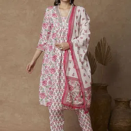FASHOR Floral Printed Pleated Mirror Work Pure Cotton A-Line Kurta with Trousers & Dupatta-image-41
