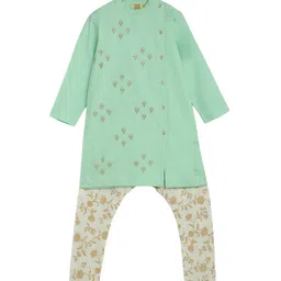 Tiber Taber Boys Floral Embroidered Angrakha Pure Cotton Kurta with Churidar-picture-34